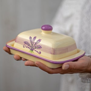 Lavender Covered Butter Dish with Lid, Ceramic Butter Keeper, European Style Purple Floral, Stoneware Handmade Pottery, Housewarming Gift