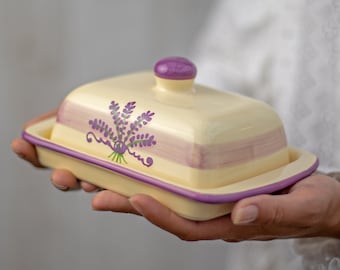Lavender Covered Butter Dish with Lid, Ceramic Butter Keeper, European Style Purple Floral, Stoneware Handmade Pottery, Housewarming Gift