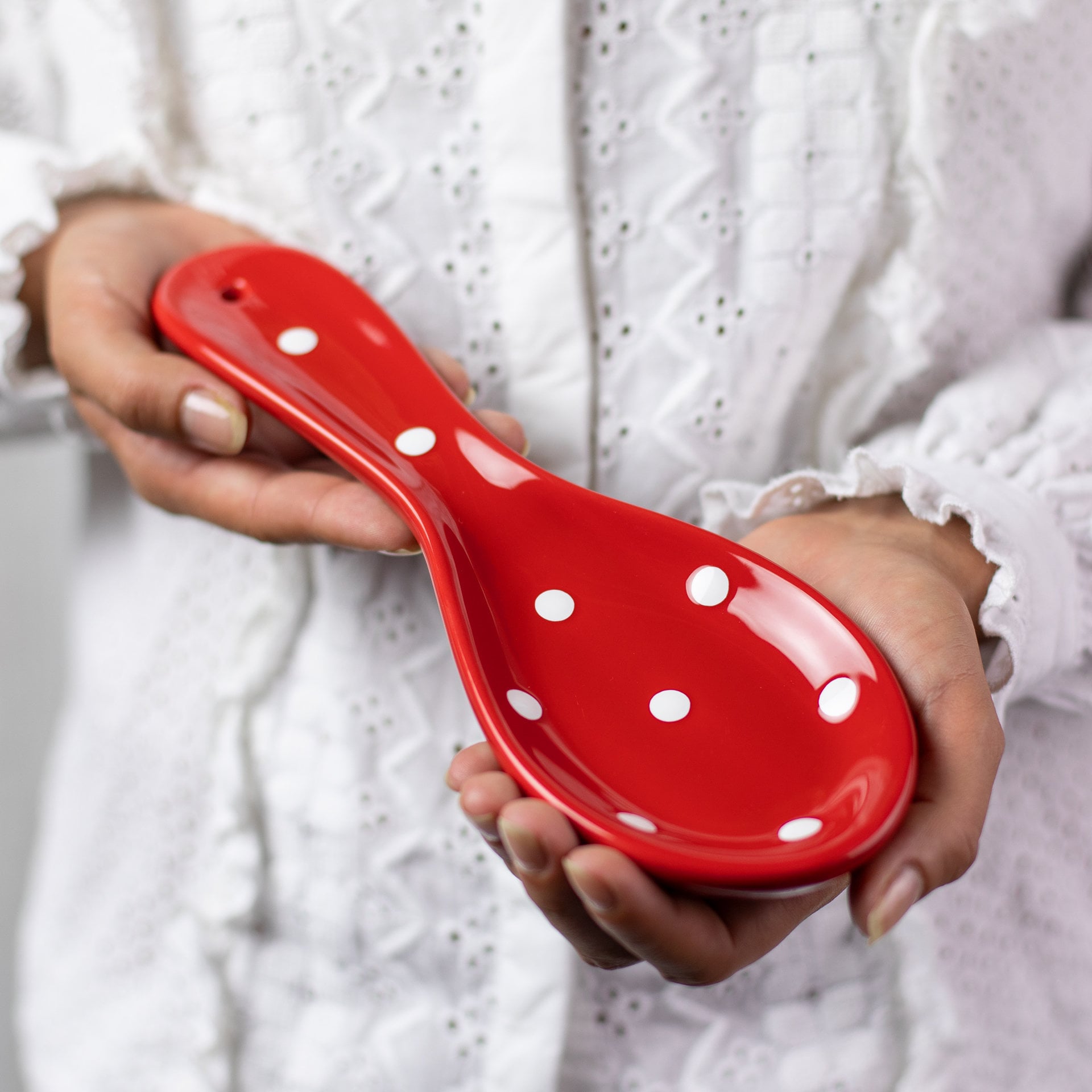 Ceramic Spoon Rest, Spoon Holder, Kitchen Cooking Utensil Rest, Red with White Polka Dot, Handmade Stoneware Pottery, Housewarming Gift