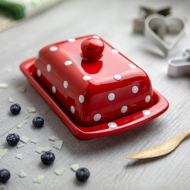 Red Covered Butter Dish with Lid, Ceramic Butter Keeper, European Style White Polka Dot, Stoneware Handmade Pottery, Housewarming Gift image 2