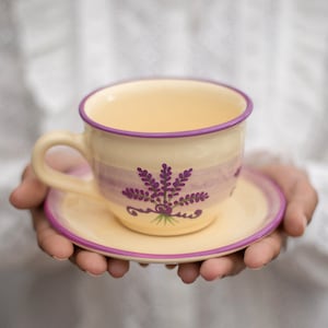 Lavender Large Teacup | LARGE Cup and Saucer, Handmade Purple Floral Country Style Stoneware Pottery, Christmas Gift for Coffee, Tea Lovers