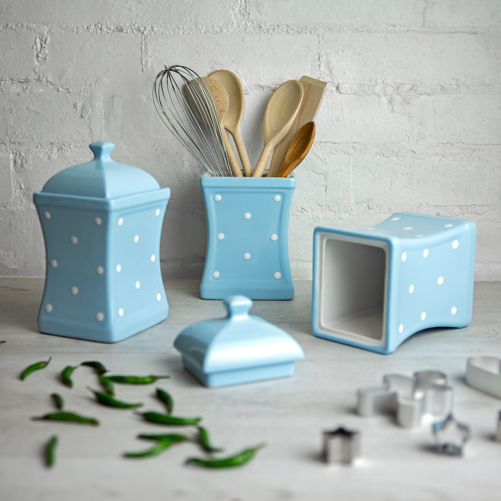 Light Sky Blue and White Canister Set Kitchen Cookie Jar Etsy UK