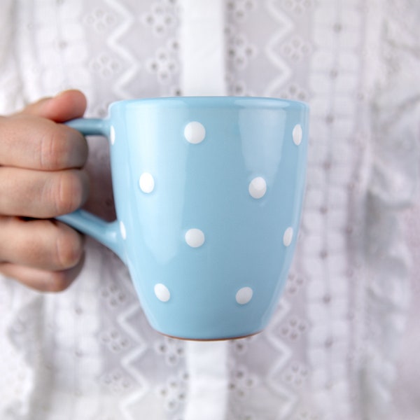 Cute Mug | Ceramic Coffee Mug | Sky Blue & White Polka Dot Stoneware Coffee Mug, Handmade Pottery Unique Coffee Mug, Christmas Gift