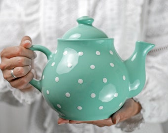 Teal Ceramic Teapot, Handmade Pottery Tea Pot, EXTRA LARGE with White Polka Dot, Unique Stoneware, Housewarming Gift for Tea Lovers