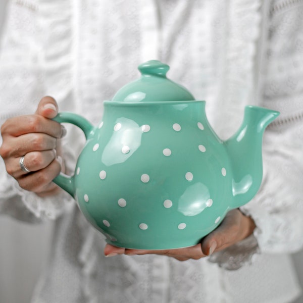 Teal Ceramic Teapot, Handmade Pottery Tea Pot, EXTRA LARGE with White Polka Dot, Unique Stoneware, Housewarming Gift for Tea Lovers