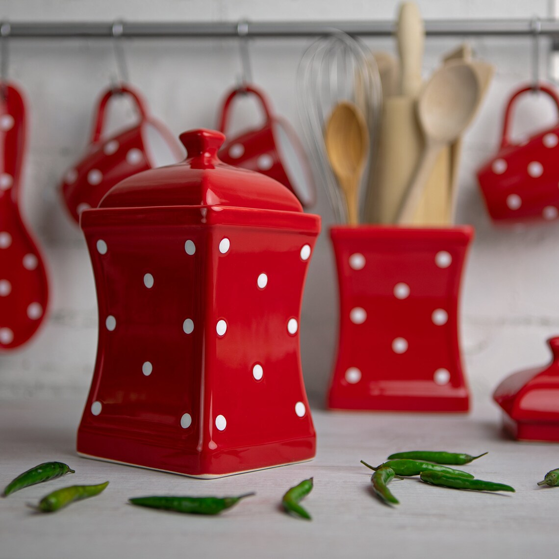 Red Cookie Jar Kitchen Canister Decorative Ceramic Handmade Etsy
