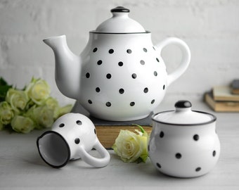 White Ceramic Tea Set, Teapot Set, LARGE Teapot, Milk Jug, Sugar Bowl Set, Handmade Stoneware Pottery with Black Polka Dot