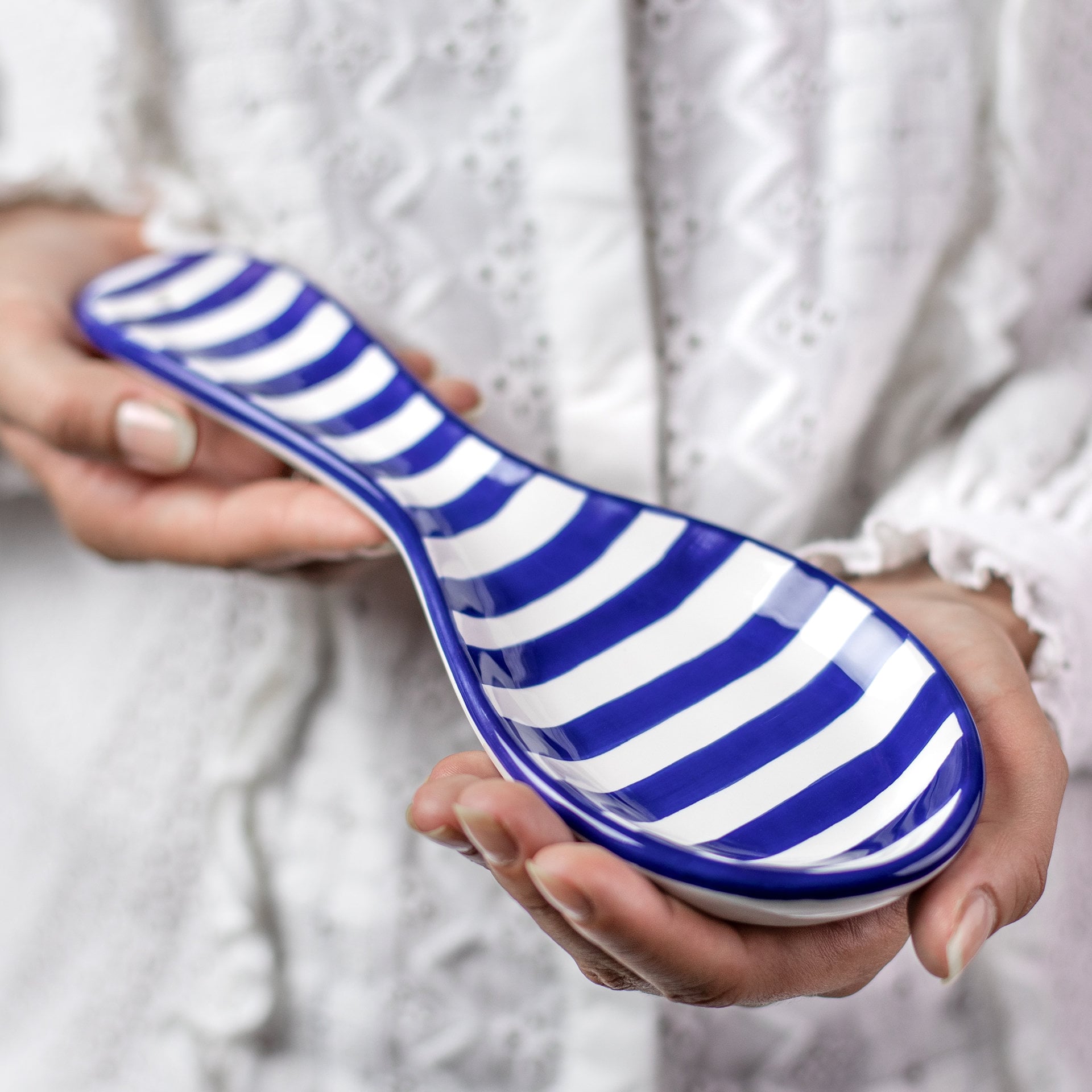 Ceramic Spoon Rest, Spoon Holder, Kitchen Cooking Utensil Rest, Navy Blue Stripe, Handmade Stoneware Pottery, Coastal Housewarming Gift