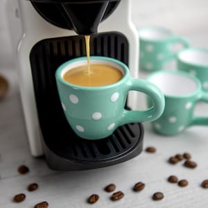 Teal Ceramic Espresso Cup Set of Four | Espresso Cups White Polka Dot, Handmade Stoneware Pottery for Coffee Lovers, Christmas Gift