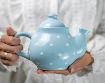 Blue Ceramic Teapot, Handmade Pottery Tea Pot, for 1-2 CUP with White Polka Dot, Unique Stoneware, Housewarming Gift for Tea Lovers