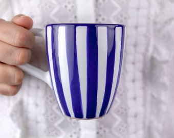 Cute Mug | Ceramic Coffee Mug | Navy Blue Stripe, Stoneware Coffee Mug, Handmade Pottery Unique Coffee Mug for Tea Lovers, Christmas Gift