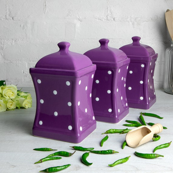 Purple And White Canister Set Kitchen Cookie Jar Decorative Etsy