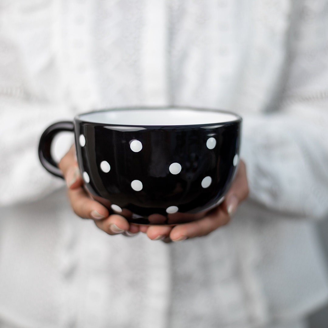 Taza de café grande / taza de sopa de cerámica / taza de café de gres, azul  turquesa y lunares blancos, taza EXTRA GRANDE, taza linda de cerámica hecha  a mano -  México