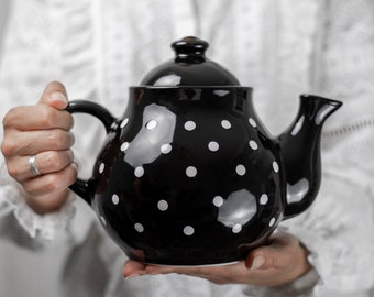 Black Ceramic Teapot, Handmade Pottery Tea Pot, Extra Large with White Polka Dot, Unique Stoneware, Housewarming Gift for Tea Lovers