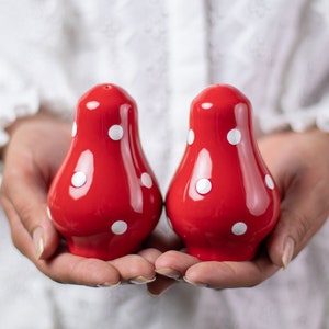 May include: Two red ceramic salt and pepper shakers with white polka dots.