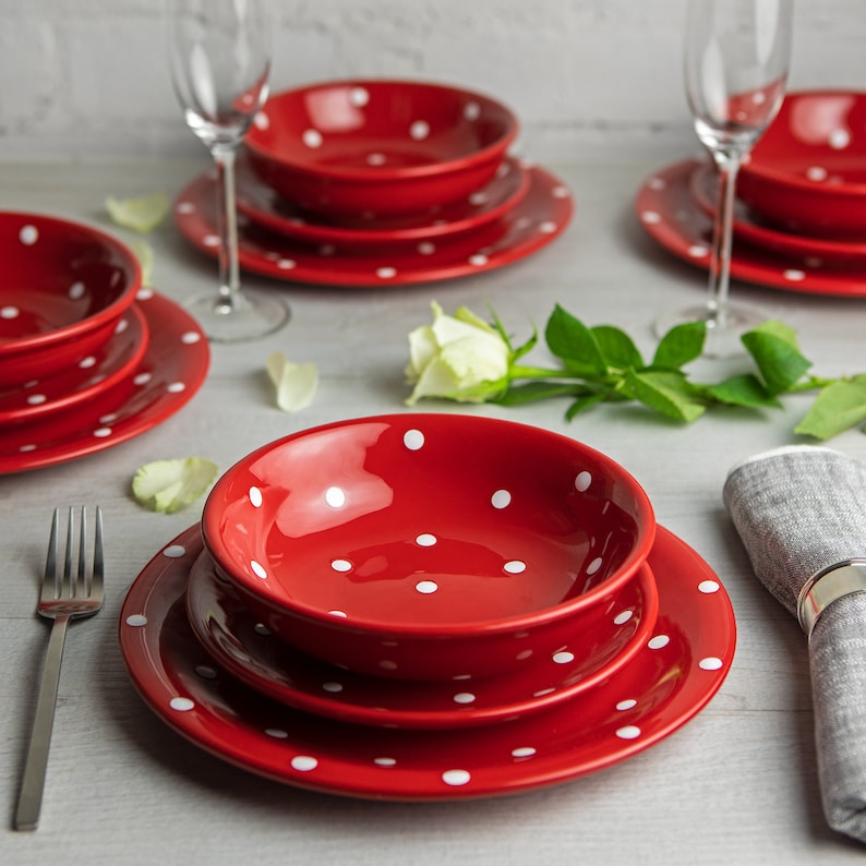 Dinnerware Set Pottery Dinnerware Handmade Ceramic Red and White Polka Dot Tableware Set for 4, Housewarming Gift Dinner Set image 2