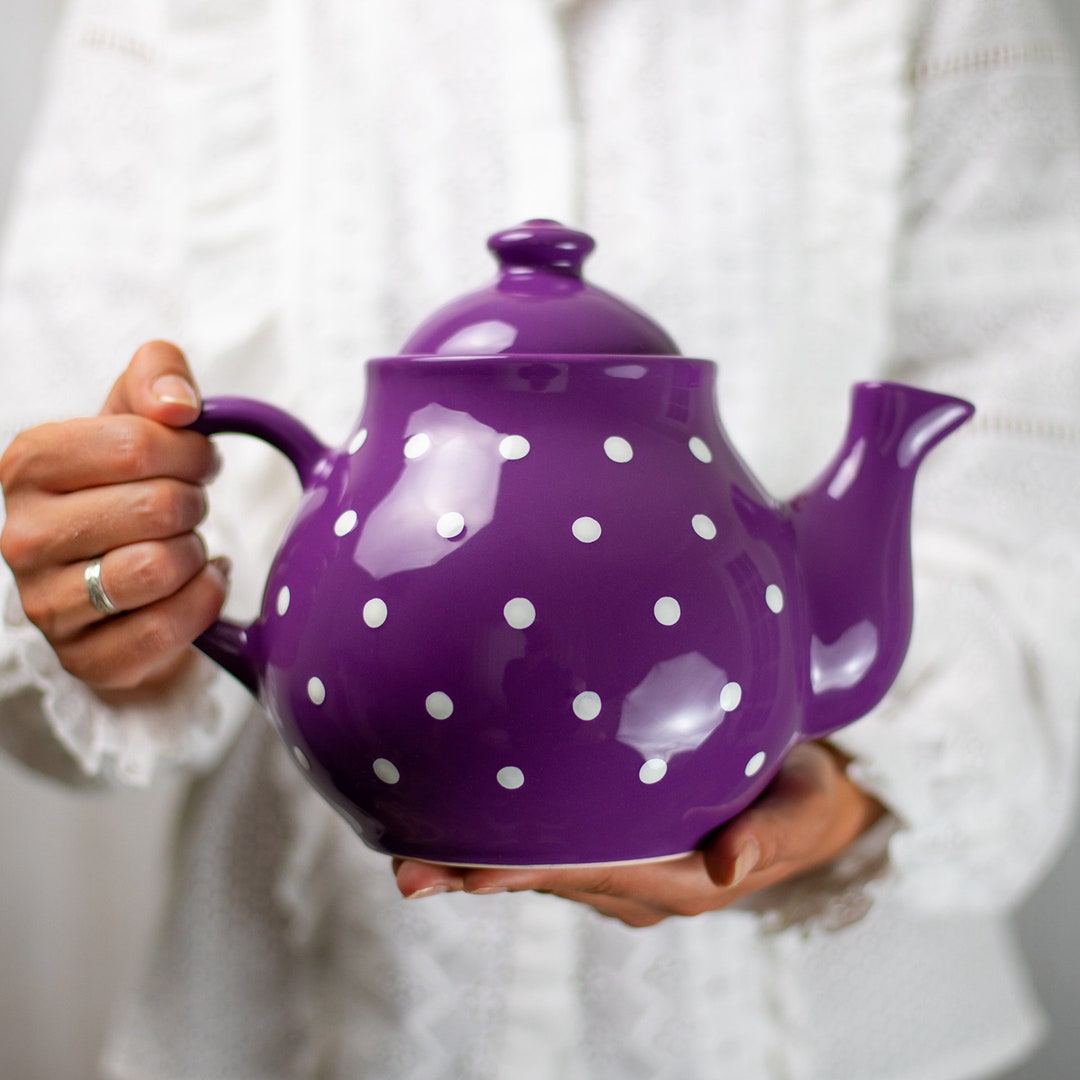 Purple Ceramic Teapot, Handmade Pottery Tea Pot, Extra Large With White Polka Dot, Unique