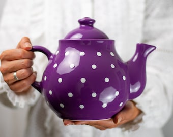 Handmade Purple Ceramic Teapot, White Polka Dot Stoneware, Extra Large