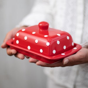 Red Covered Butter Dish with Lid, Ceramic Butter Keeper, European Style White Polka Dot, Stoneware Handmade Pottery, Housewarming Gift