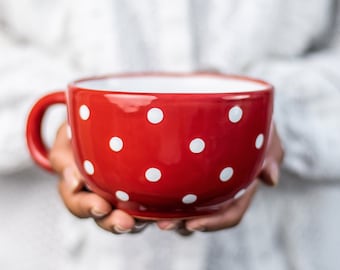 Grote koffiemok | Aardewerk soepmok | Steengoed koffiemok, rode en witte polka dot, EXTRA GROTE mok, handgemaakte keramische schattige mok