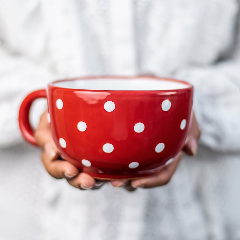 Large Coffee Mug Pottery Soup Mug Stoneware Coffee Mug, Red and White Polka Dot, EXTRA LARGE Mug, Handmade Ceramic Cute Mug image 1