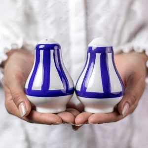 May include: A pair of white ceramic salt and pepper shakers with blue stripes. The shakers are held in the hands of a person.