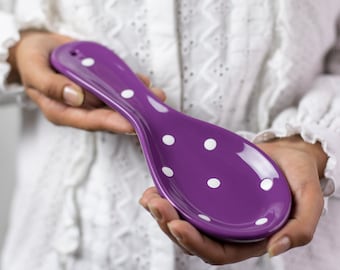 Ceramic Spoon Rest, Spoon Holder, Kitchen Cooking Utensil Rest, Purple with White Polka Dot, Handmade Stoneware Pottery, Housewarming Gift