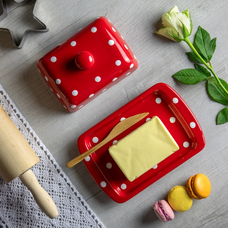 Red Covered Butter Dish with Lid, Ceramic Butter Keeper, European Style White Polka Dot, Stoneware Handmade Pottery, Housewarming Gift image 6