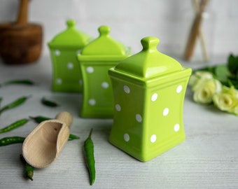 Green and White Spice Jars | Kitchen Canisters | Storage Jars, Unique Handmade Pottery, Ceramic Polka Dot Canister Set, Christmas Gift