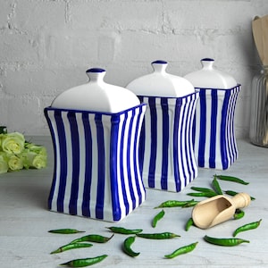 Navy Blue Stripe Canister Set | Kitchen Cookie Jar, Decorative Ceramic Handmade Pottery Tea Coffee Sugar Canister Set