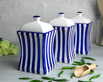 Navy Blue Stripe Canister Set | Kitchen Cookie Jar, Decorative Ceramic Handmade Pottery Tea Coffee Sugar Canister Set
