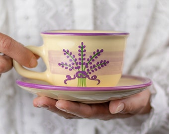 Ceramic Tea Cup, Teacup and Saucer, Handmade Purple Lavender Floral Farmhouse Style Stoneware Pottery, for Coffee Tea Lovers, Christmas Gift