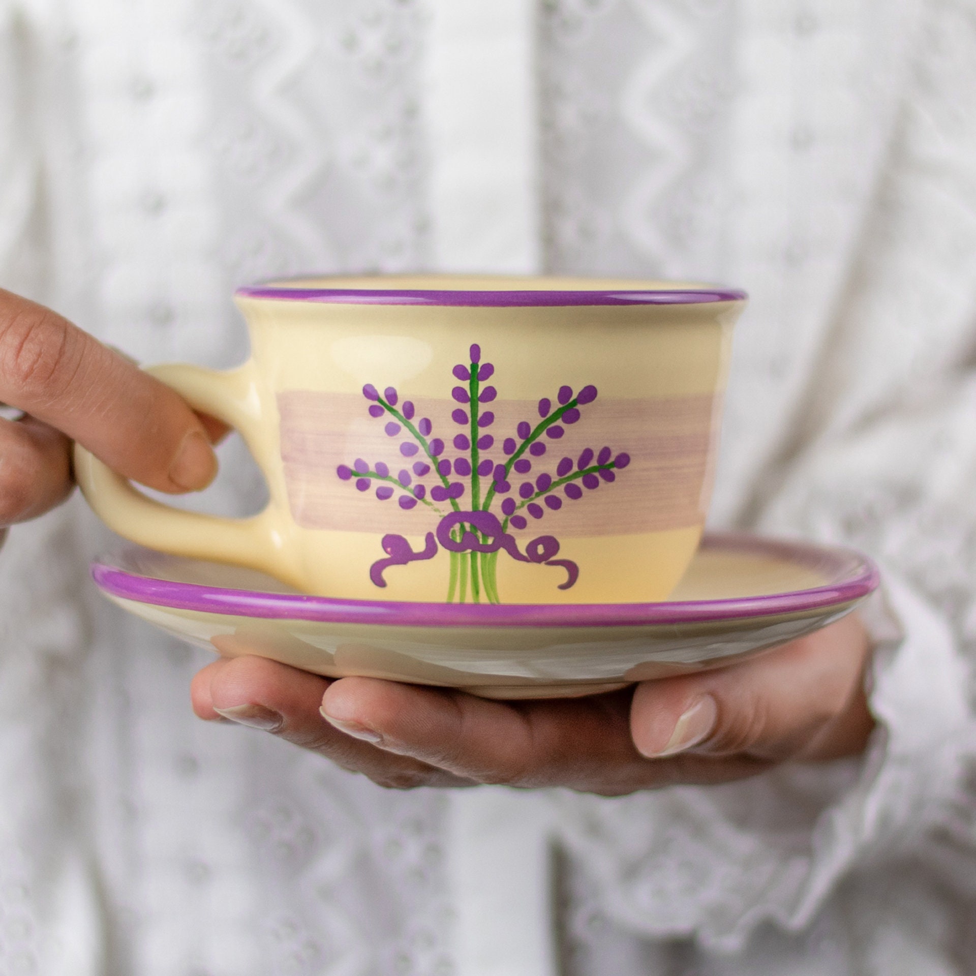 Ceramic Tea Cup, Teacup and Saucer, Handmade Purple Lavender Floral Farmhouse Style Stoneware Pottery, for Coffee Tea Lovers, Christmas Gift
