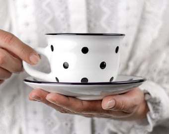 White Ceramic Tea Cup | Teacup and Saucer, Handmade Black Polka Dot Farmhouse Style Stoneware Pottery, for Coffee Tea Lovers, Christmas Gift