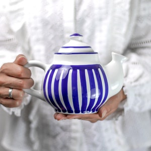 Ceramic Teapot, Handmade Pottery Tea Pot, for 1-2 CUP Navy Blue Stripe, Unique Stoneware, Coastal Housewarming Gift for Tea Lovers image 1