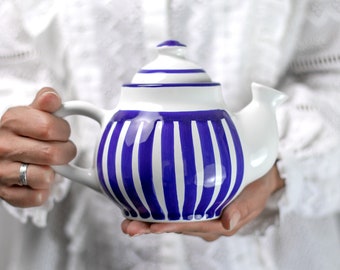 Ceramic Teapot, Handmade Pottery Tea Pot, for 1-2 CUP Navy Blue Stripe, Unique Stoneware, Coastal Housewarming Gift for Tea Lovers