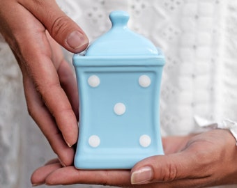 Blue Spice Jar | Kitchen Canister | Storage Jar, Unique Handmade Pottery White Polka Dot Ceramic Canister, Housewarming, Christmas Gift