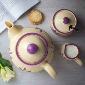 Keramik Tee Set, Teekanne Set, GROSSE Teekanne, Milchkännchen, Zuckerdose Set, Handgemachte Steinzeug Keramik, Lila Lavendel Floral Bild 2