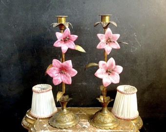 Antique French Candlesticks. Vintage Pair of pink flowers Candle Holder