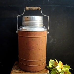 Thermos XXL antique en verre au mercure et en métal. Bac à glaçons isolant vintage.
