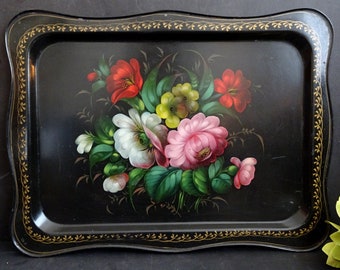 Large rectangular Vintage Hand Painted tole Tray, Floral Painted Tray, Black Floral.