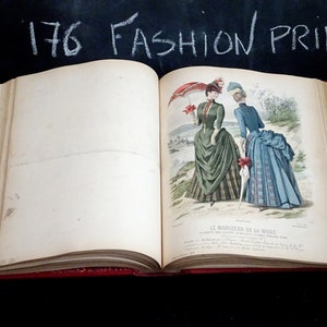 Impresionante y raro libro de diseño de moda francés de 1885/1887 con 176 ilustraciones de moda. Libro ANTIGUO. Plato de moda