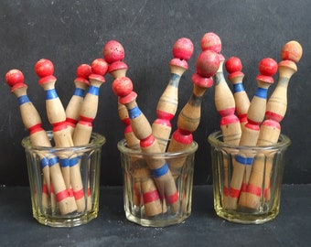 Vintage Wood Bowling Pins. 12 Skittles  bowling game