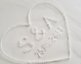 Unique Hand Embroidered Personalised Wedding Veil with Embroidered Heart, Initials and Wedding Date