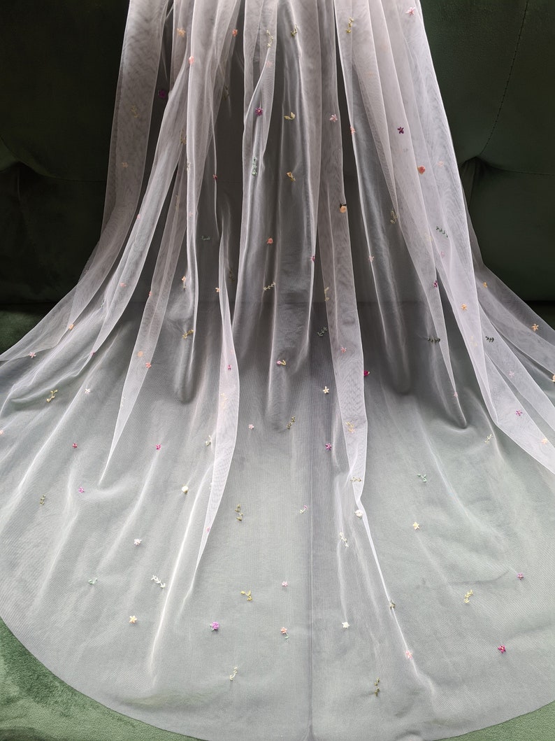Ready to Ship Hand Embroidered Fingertip Length White Wedding Veil with Pink and Purple Multicoloured Flowers and Greenery
