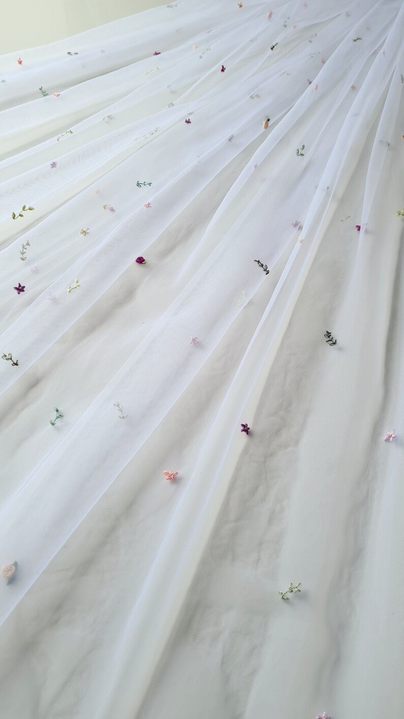 Ready to Ship Hand Embroidered Fingertip Length White Wedding Veil with Pink and Purple Multicoloured Flowers and Greenery