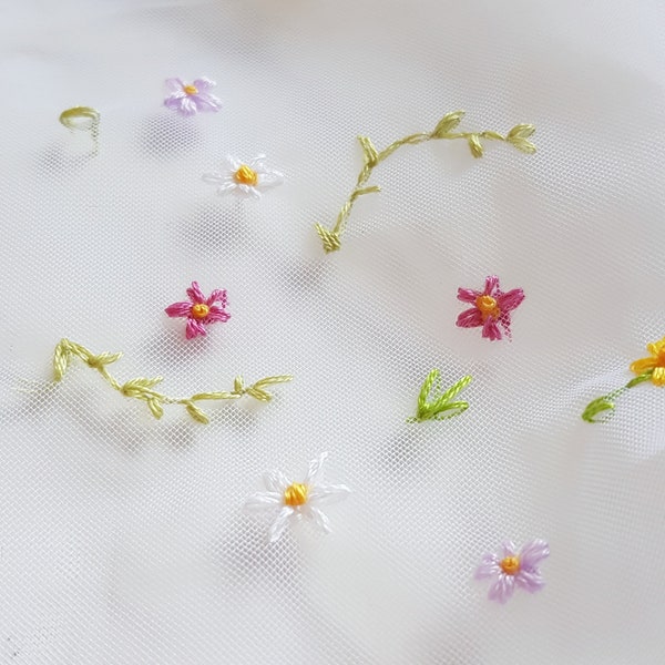 Hand Embroidered Floral Multicoloured Meadow Border Made to Order Wedding Veil, customised wedding veil, personalised wedding veil