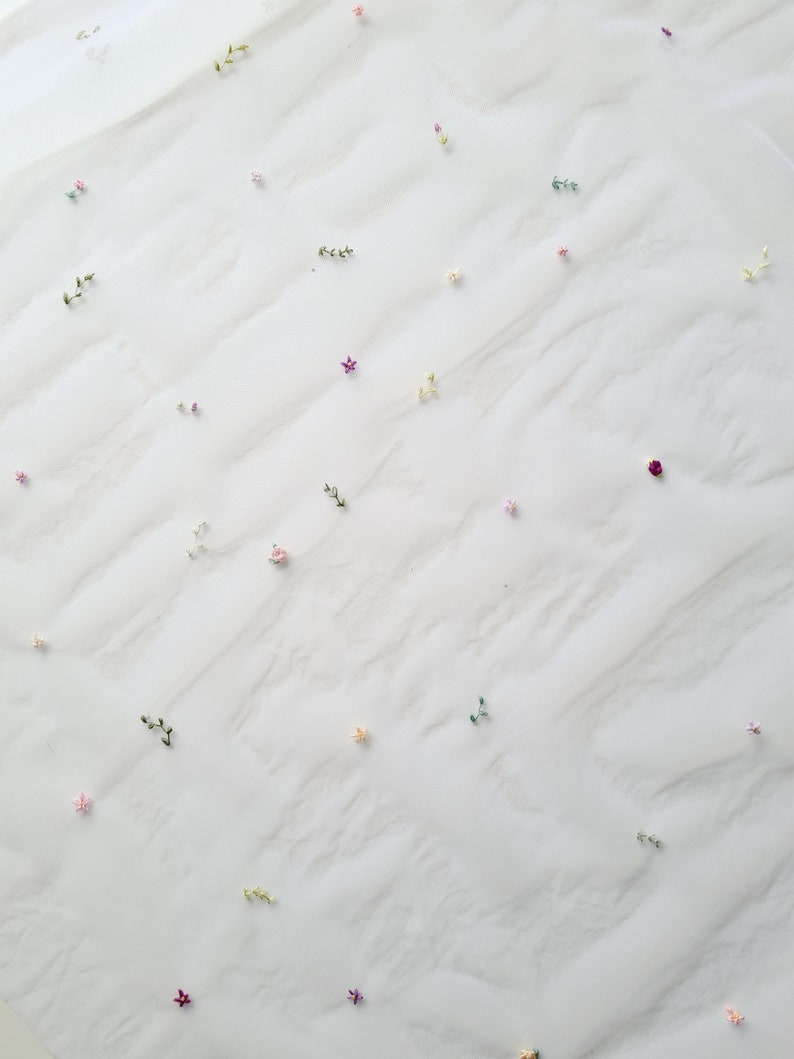 Ready to Ship Hand Embroidered Fingertip Length White Wedding Veil with Pink and Purple Multicoloured Flowers and Greenery