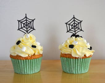Spider Web cupcake topper/ Halloween cupcake topper/ Black spider web/ Glitter cupcake topper/ Pack of 6