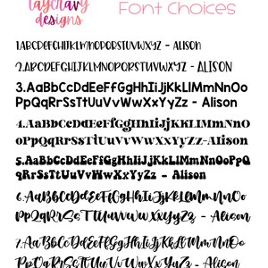 May include: A graphic showing seven different font styles for a custom name. The fonts are shown with the alphabet and the name "Alison" in each style.